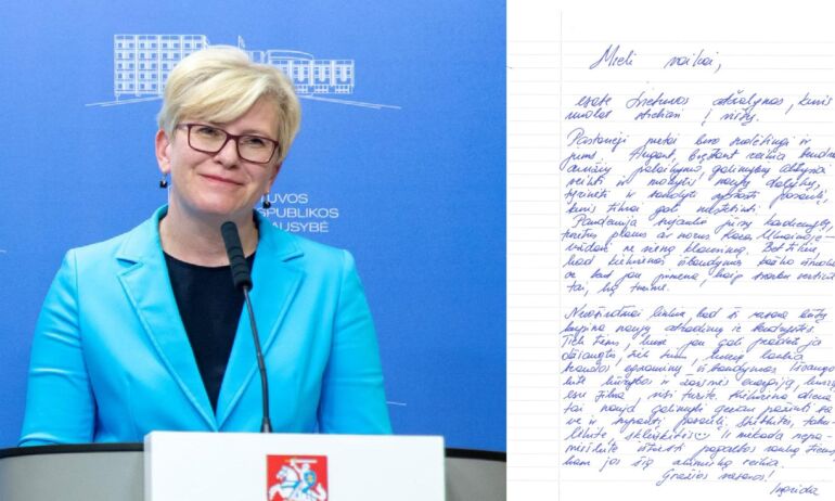 Premjerė Ingrida Šimonytė ranka parašė sveikinimą Lietuvos vaikams